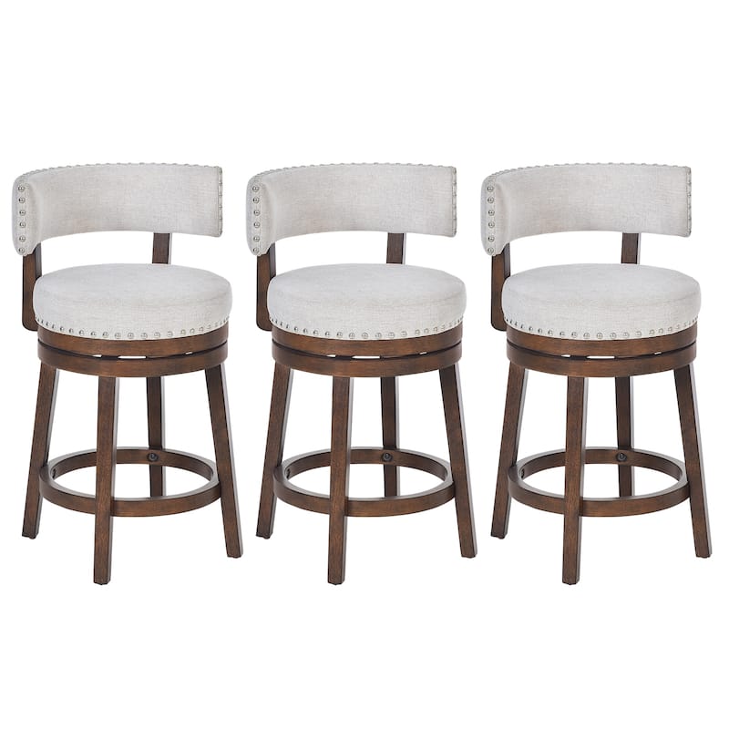 Modern Velvet Swivel Bar Stool - 25" or 30" Counter Height with Adjustable Footrest & Walnut Base, for Kitchen Islands - Set of 3 - Beige - Counter Height