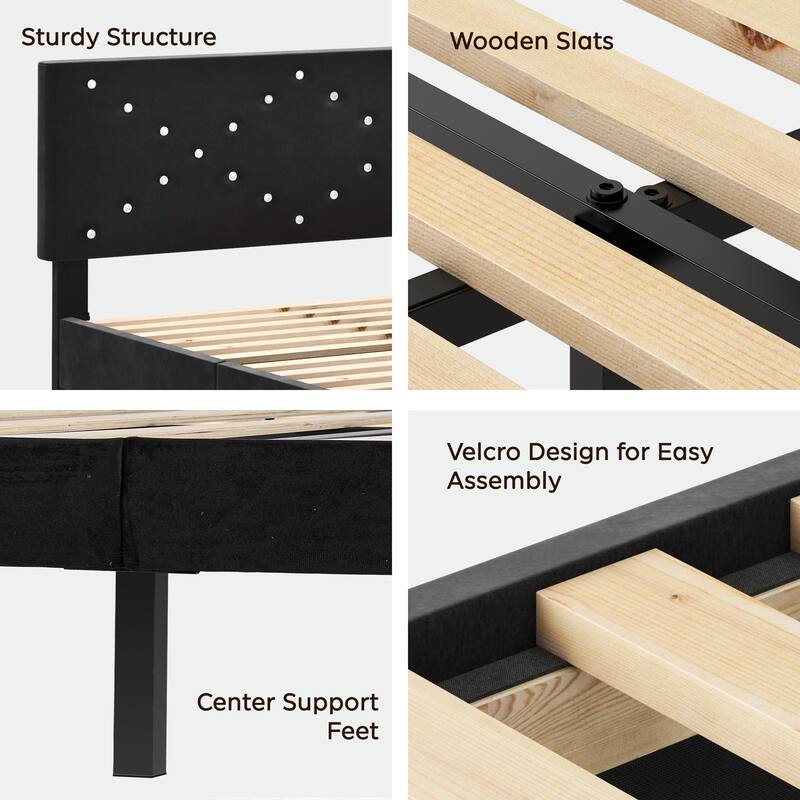 Modern Platform Bed Frame with Upholstered Headboard & Wooden Slats