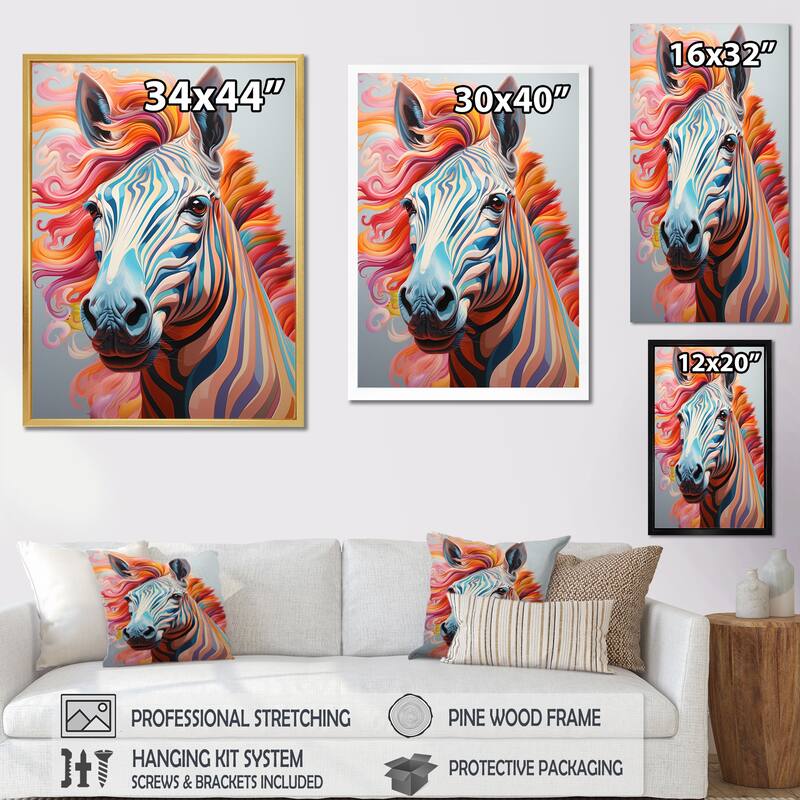Designart "Colorful Zebra Portrait" Animals Zebra Framed Wall Art Prints
