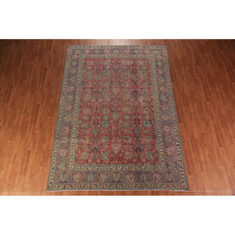Traditional Tabriz Persian Vintage Rug Hand-Knotted Pink Wool Carpet - 7'10" x 11'2"