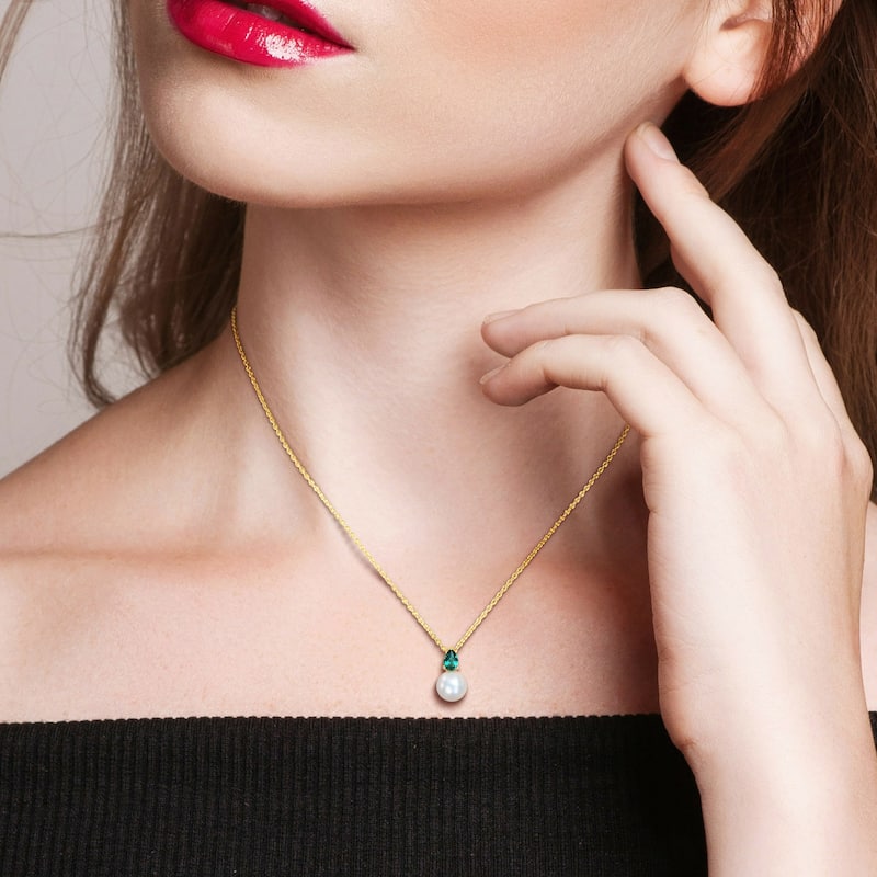 Miadora 3/8ct TGW Created Emerald and 8.5-9mm Cultured Freshwater Pearl Pendant with Chain Yellow Silver - 15.5 mm x 8.6 mm