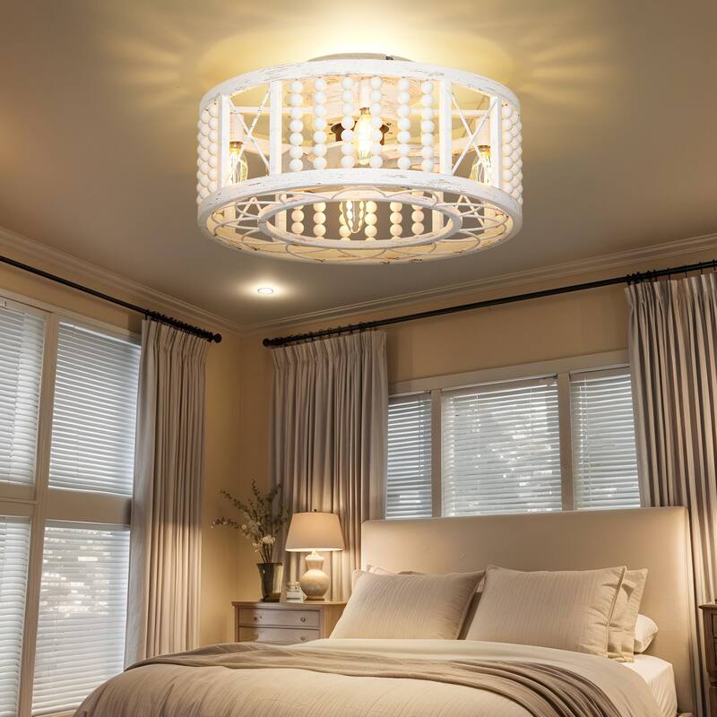 Moasis Farmhouse Flush Mount 18.5 Inch Caged Ceiling Fan with Lights and Remote & Beaded Decor