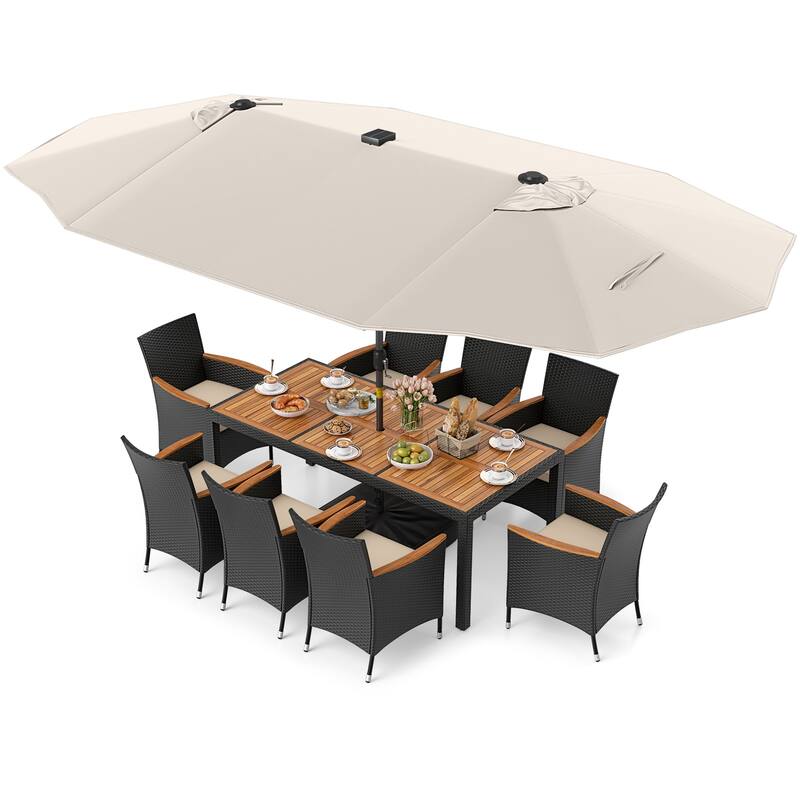 Gymax Set Of 11 Patio Dining Set w/ 15ft Double-Sided Patio Umbrella