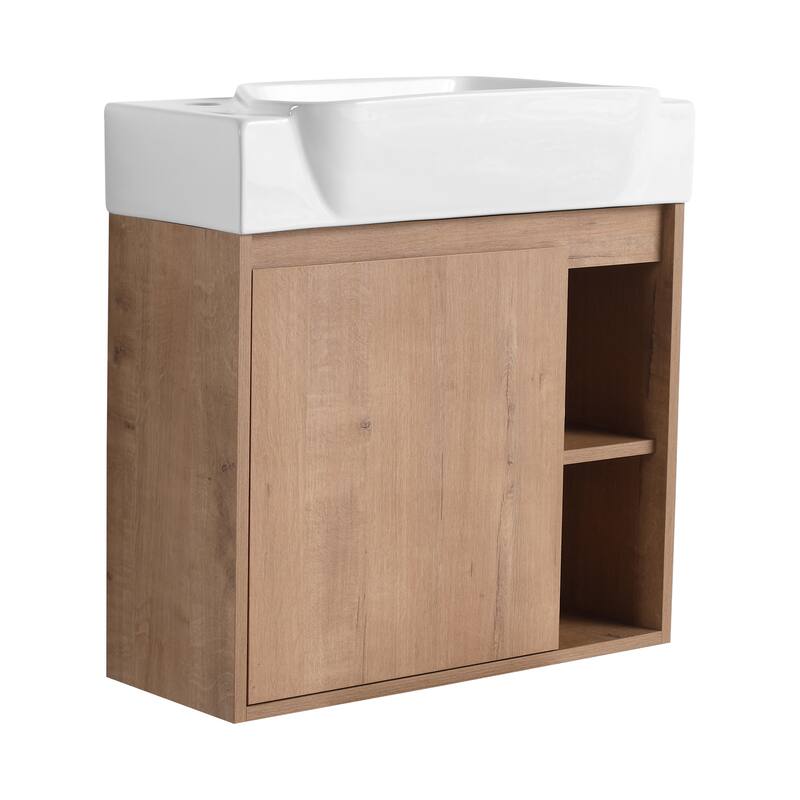 24'' Wall-Mounted Bathroom Vanity with White Ceramic Sink & Soft-Close Door, KD-Packing