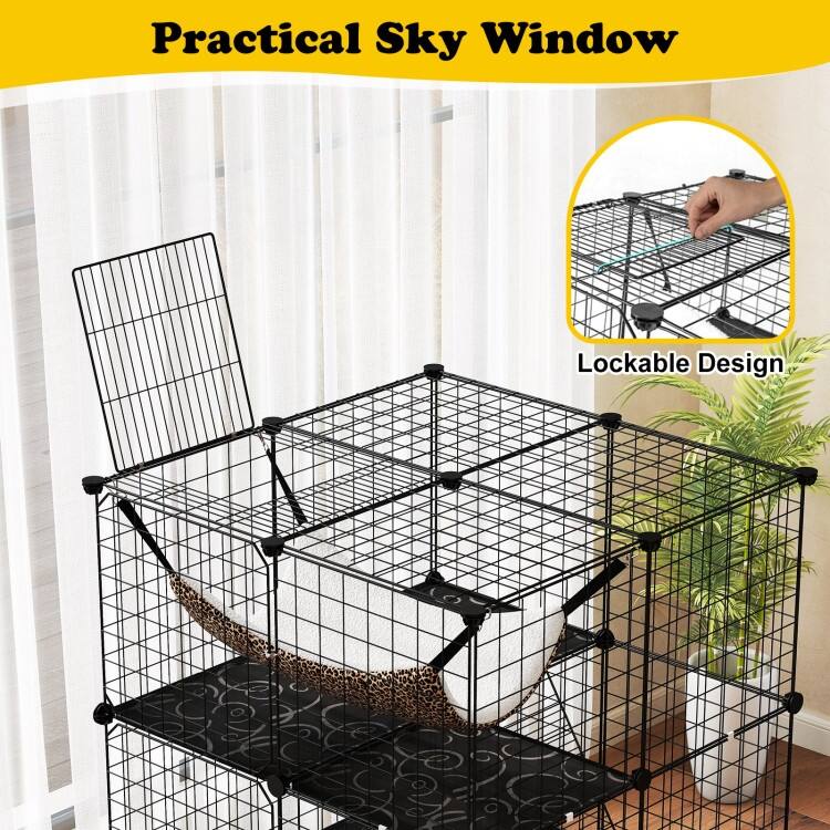 Black PP Metal 3-Tier Cat Cage with DIY Assembly, Hammock and Multi-Platform Playpen
