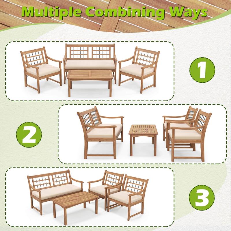 Gymax Set of 4 Wood Furniture Set w/ Seat Cushions & Solid Acacia Wood
