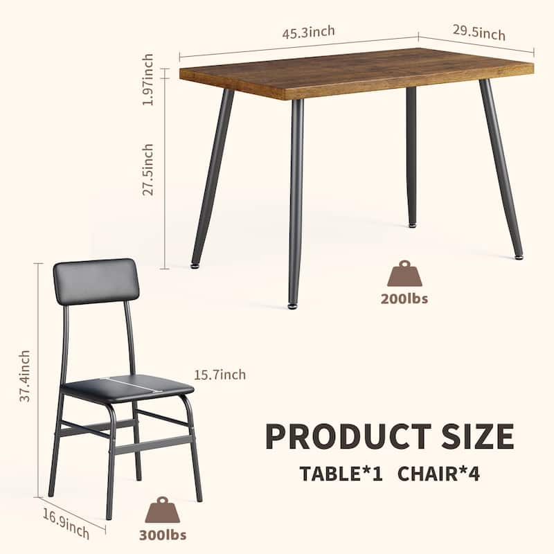 5-Piece Mid-Century Rectangular Dining Table, Industrial Kitchen Table Set with 4 Faux Leather Chairs