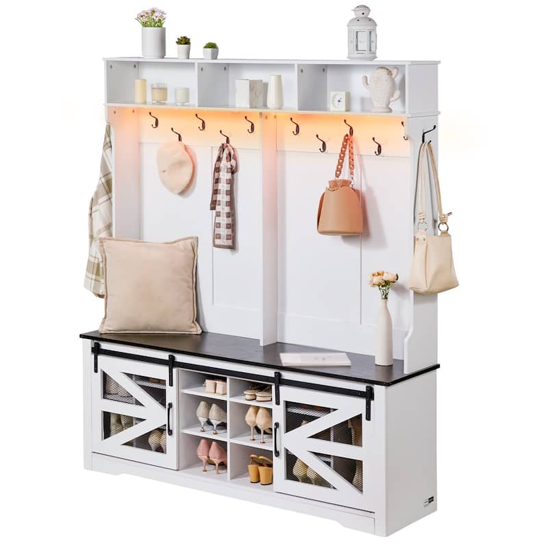 59 Inch Hall Tree Bench with LED Light Coat Rack and Shoe Storage - 59.28” x 16.44” x 67.8”