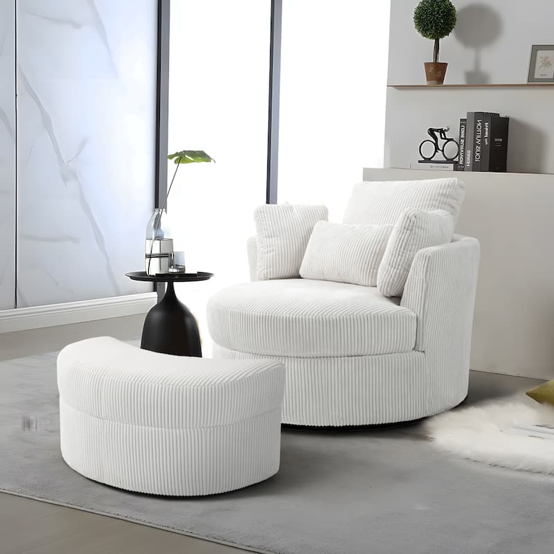 Chenille/Boucle Swivel Barrel Chair with Storage Ottoman