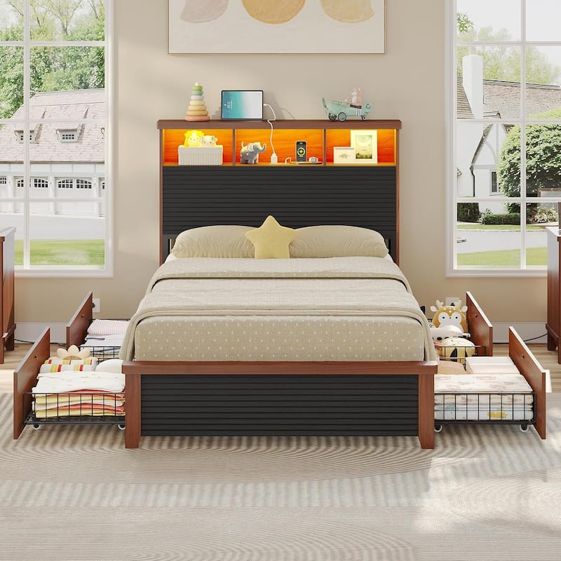 Bed Frames 4 Storage Drawers Storage Headboard Charging Station Metal Slats