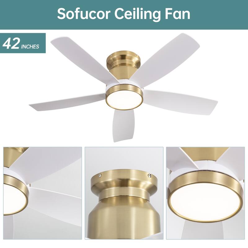Sofucor 42'' Gold Flush Mount Ceiling Fan Lights Kit with Remote Quiet Reversible DC - 42