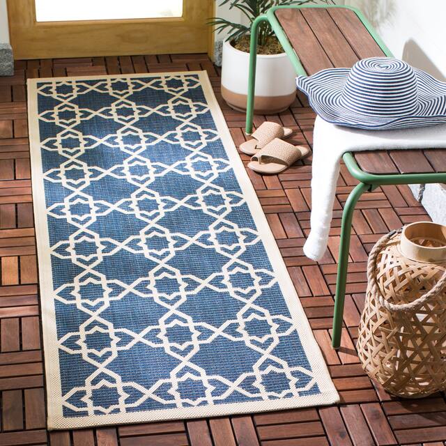 SAFAVIEH Courtyard Lawanda Trellis Indoor/ Outdoor Waterproof Patio Backyard Rug - 2'3" x 12' Runner - Navy/Beige