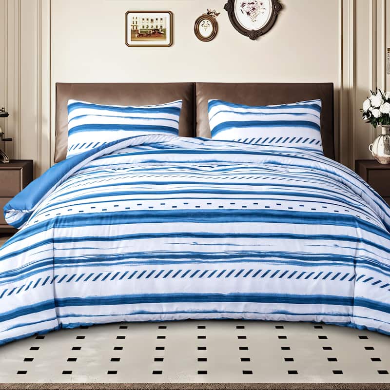 3-Piece 100% Cotton Coastal-inspired Comforter Set, Blue Striped Comforter and 2 Pillowcases for All Season