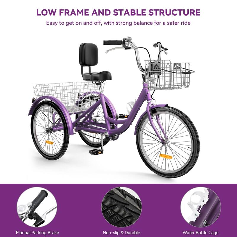 24"Purple Adult Tricycle 3 Wheel Bikes 1 Speed Trike Bike - 24"