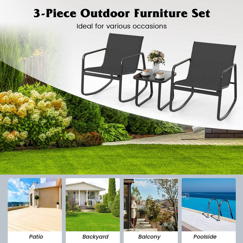 Costway 3 Piece Patio Rocking Set 2 Rocking Bistro Chairs & Glass-Top - See Details