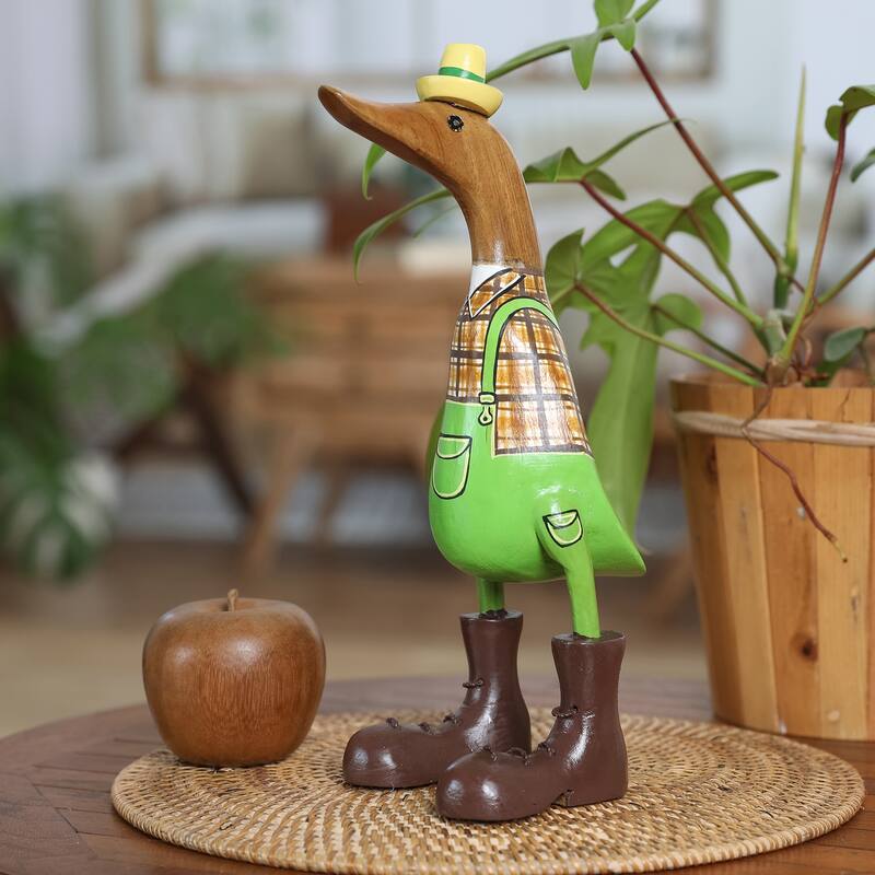 Novica Handmade Gardener Duck Bamboo Root And Teak Wood Figurine