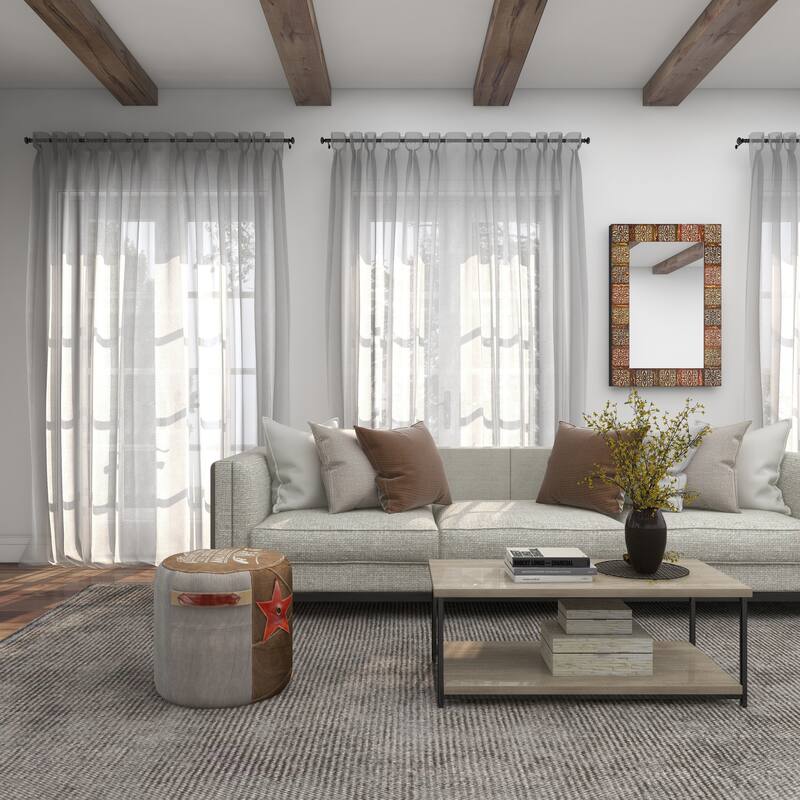 Brown Canvas Pouf with Leather Accents