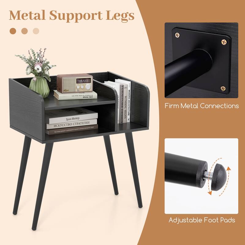 Gymax Set of 2 Mid Century Modern End Table w/ Open Shelves Metal