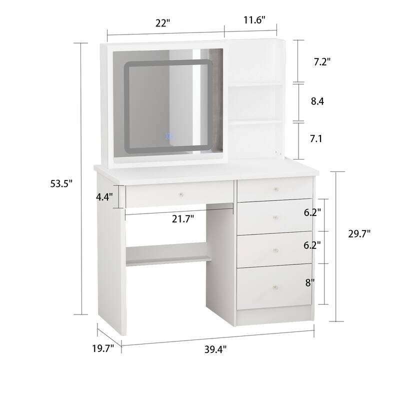 Timechee Vanity Set with Sliding Lighted Mirror w/ Storage Drawer Shelf - 39.4"L x 19.7"W x 53.5"H