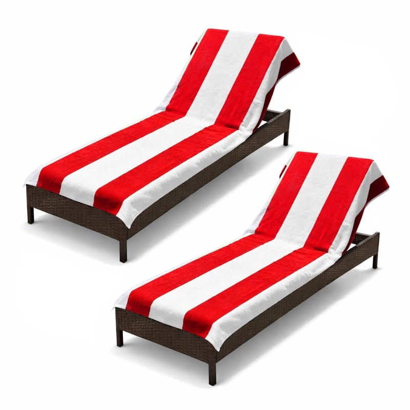 100% Cotton Cabana‑Stripe Lounge Chair Cover Terry Towel with Fitted Pocket & Back Flap Set of 2