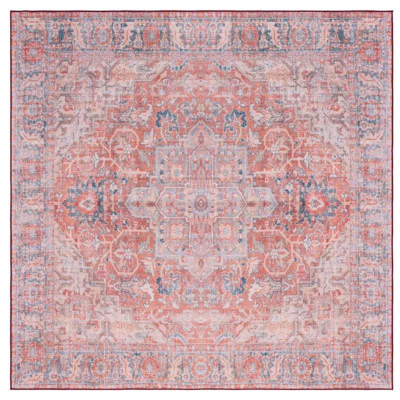 SAFAVIEH Tucson Machine Washable Slip Resistant Reba Traditional Rug - 6' Square - Rust/Navy