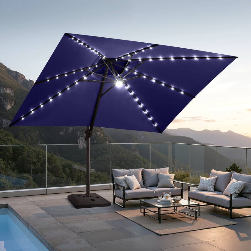 10 FT x 13 FT Outdoor Premium Solar LED Lighted Patio Cantilever Umbrella with Base