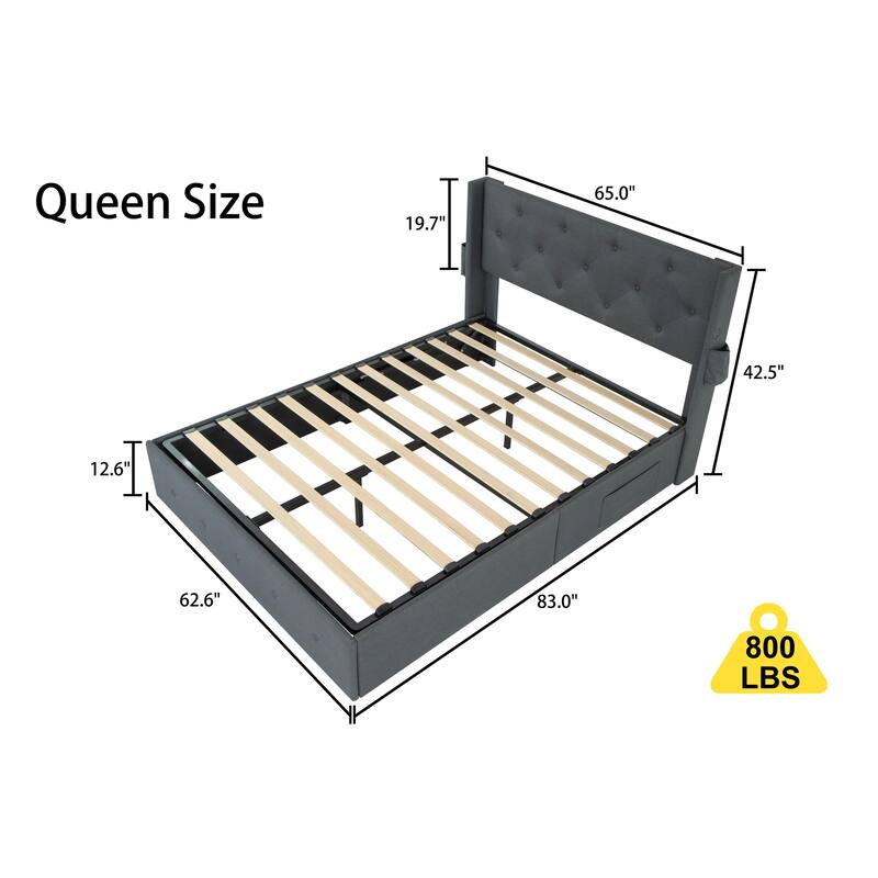 Queen Size Storage Bed Frame with Lift-Up Mechanism, USB Ports, and Modern Headboard