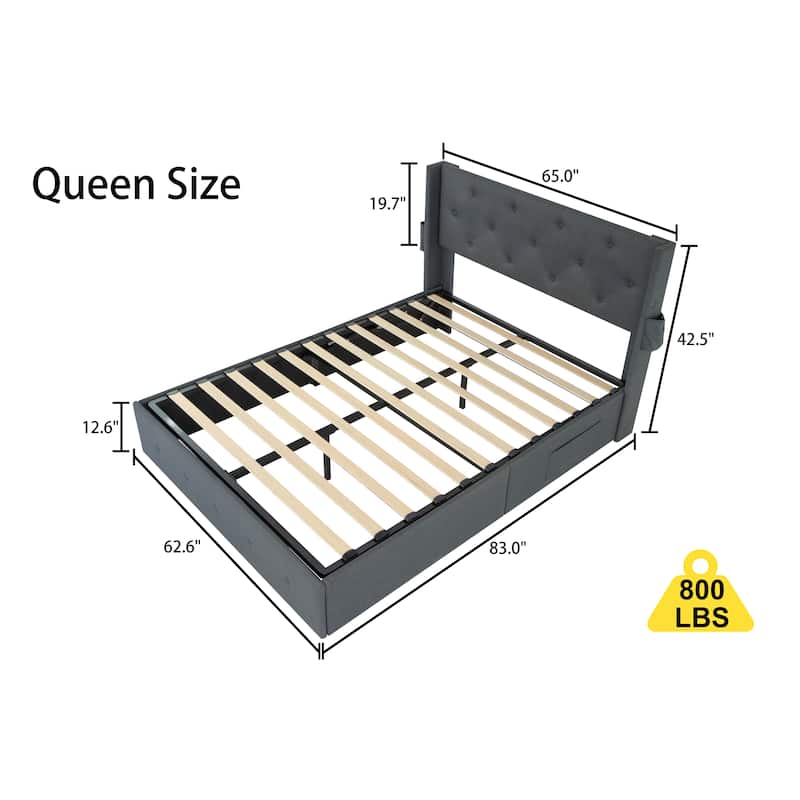 Wingback Upholstered Bed Low Profile Platform Bed Frame with USB Ports, Side Pockets and Hydraulic Lifting Storage