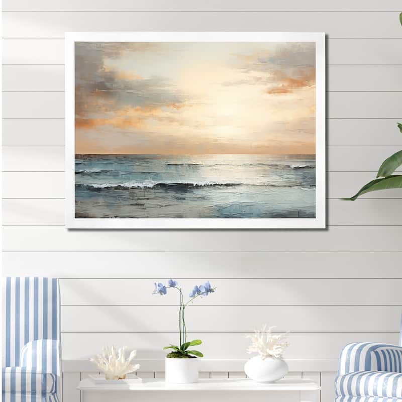 Designart "Beige And Golden Beach Sunset Paradise III" Coastal Sunset Framed Canvas Art Print - 32 in. wide x 16 in. high - White