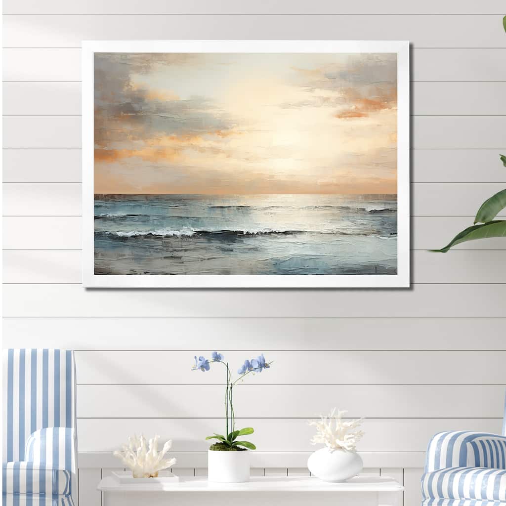 Designart "Beige And Golden Beach Sunset Paradise III" Coastal Sunset Framed Canvas Art Print