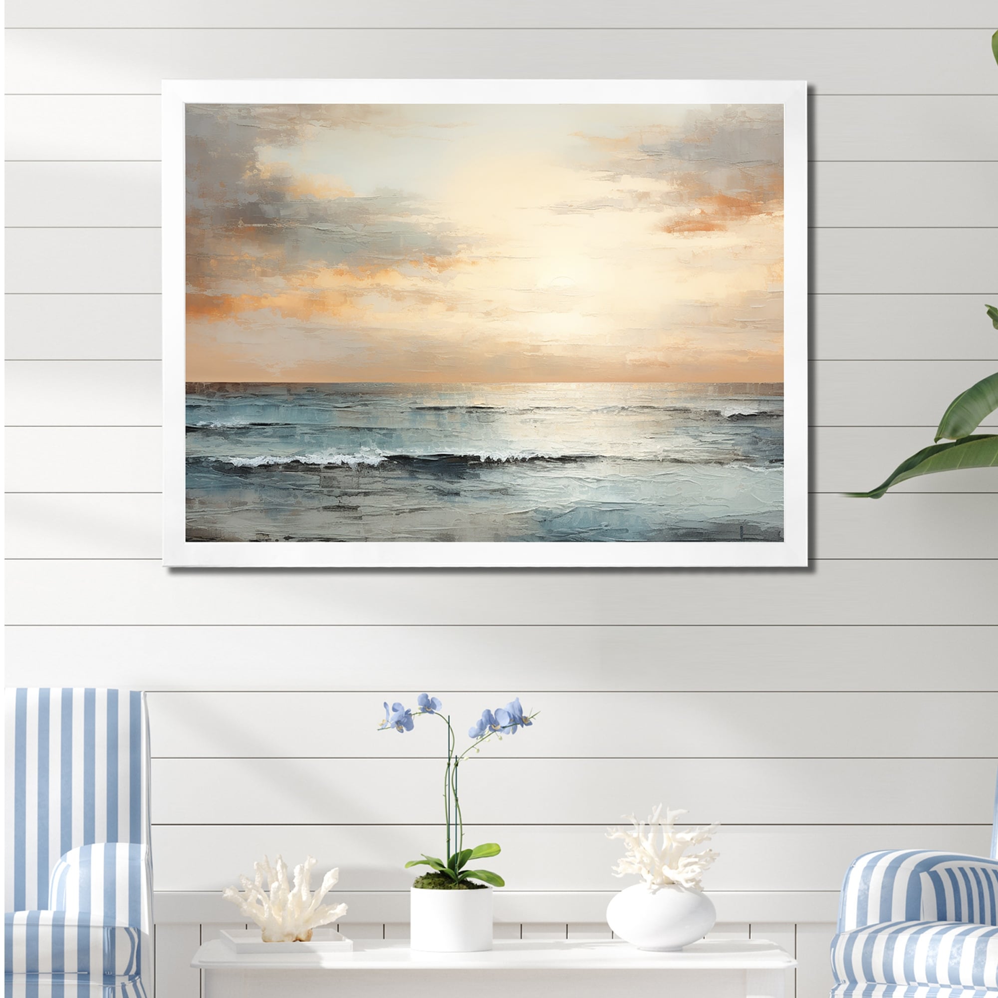 Designart "Beige And Golden Beach Sunset Paradise III" Coastal Sunset Framed Canvas Art Print