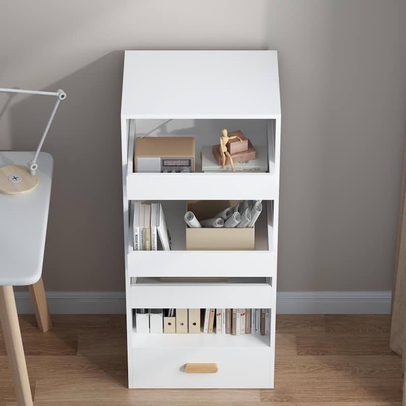 4-Tier Freestanding Bookshelf with 3 Sliding Drawers & 1 Bottom Storage Compartment – Versatile Organizer for Home or Office‌