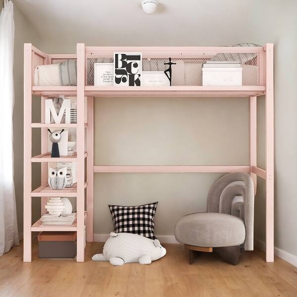 slide 2 of 39, Modern Style Twin Size Metal Loft Bed with 4-Tier Shelves and Storage, Creative Structure, Storage Space, Good Stability, Pink Pink