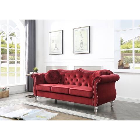 Hollywood 82 in. Velvet Chesterfield 3-Seater Sofa with 2-Throw Pillow - 82"L x 35"W x 34"H