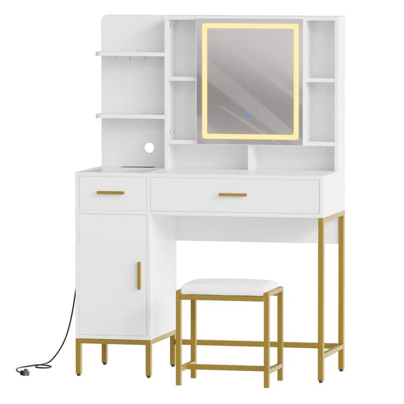 Vanity Table with LED Mirror, Stool, Shelves, Drawers, Cabinets, Charging Station