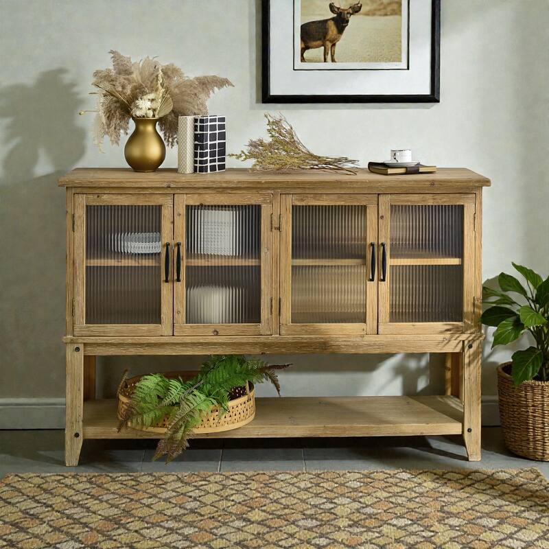 59.06 Inch Rustic Wooden Sideboard Cabinet with Glass Doors, Storage Shelf Accent Console for Kitchen and Dining Room