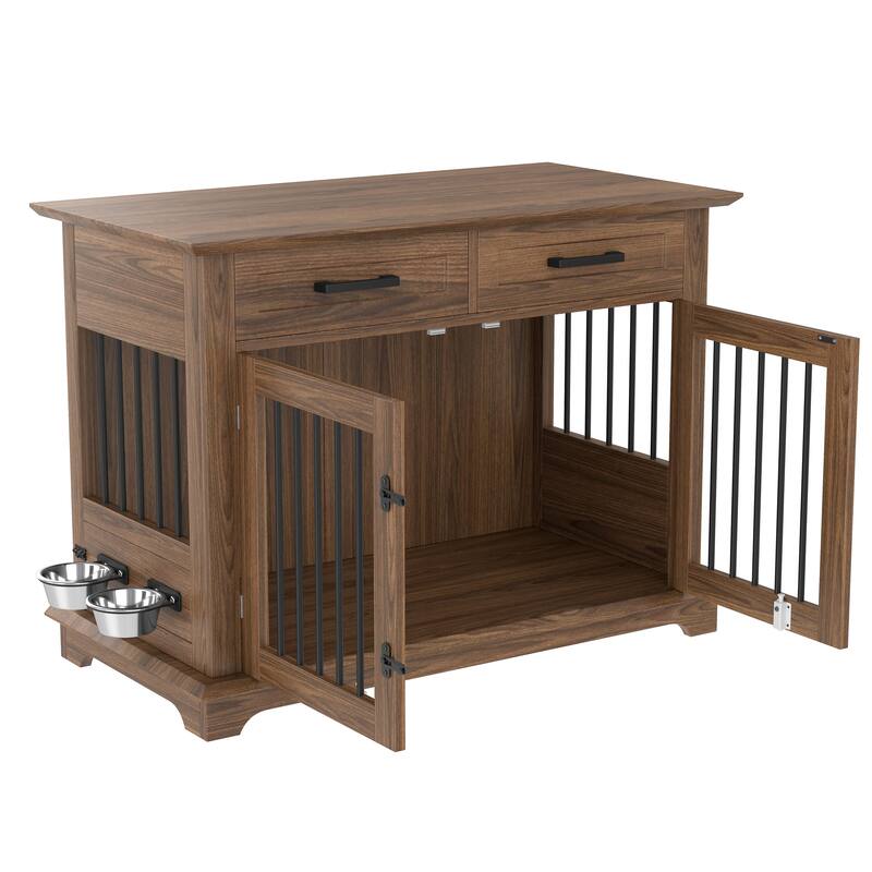 2 Doors Decorative Pet Cage Dog House with 2 Storage Drawers and Rotating Bowls, Wooden Large Dog Crate Furniture
