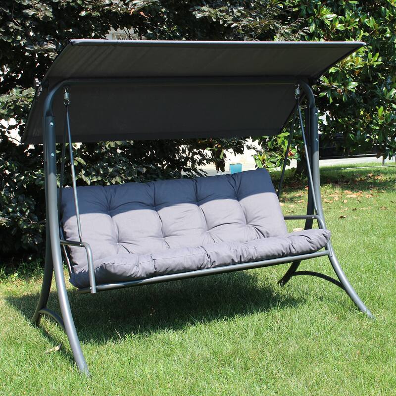 SUNJOY 3 Seat Deluxe Patio Swing Steel Frame, Adjustable Canopy Cushions Made in Italy