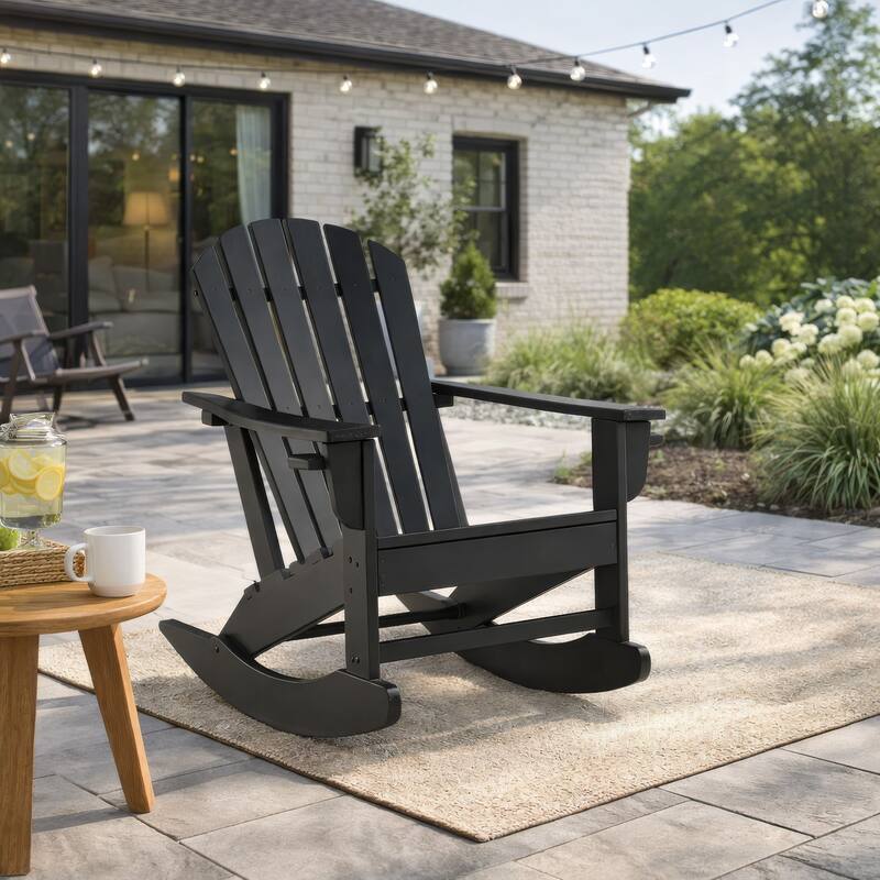 Sami 35 Inch Outdoor Rocking Chair, Slatted Design, Modern Black Finish