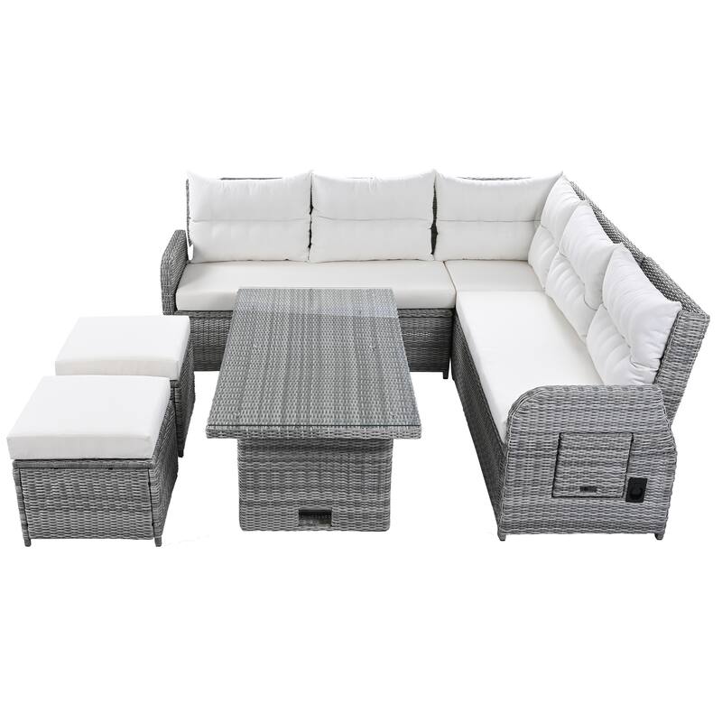 Outdoor Rattan Sectional Sofa Set with Adjustable Table & Recliners