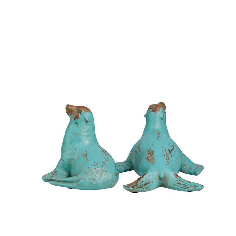 Polystone Sea Lion Distressed Sculpture with Brown Wood Inspired Accents - Set of 2 Teal - Roche River Decor - 12"W x 7"L x 5"H