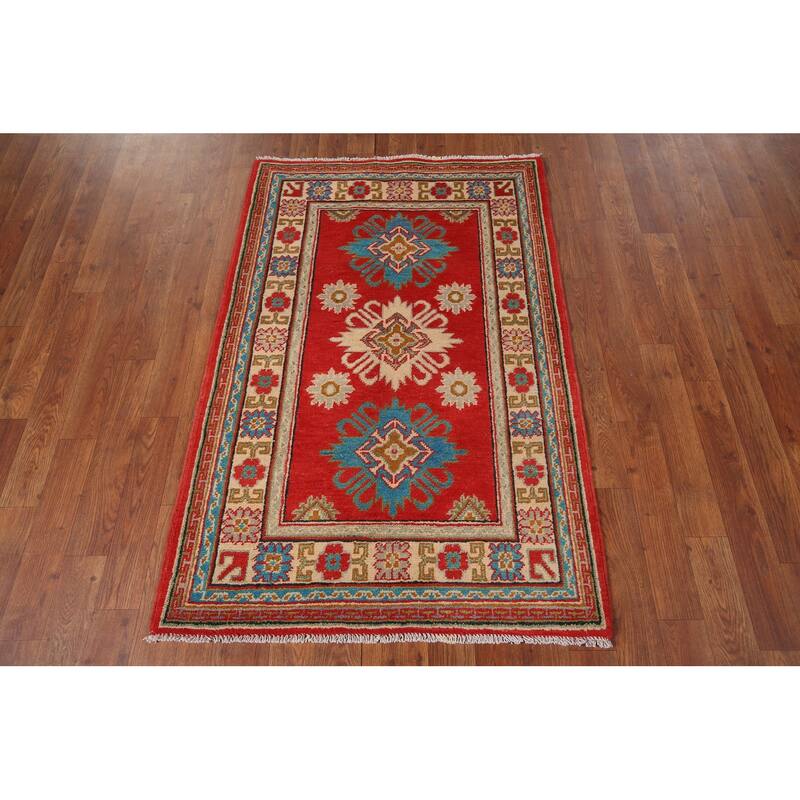 Red Kazak Foyer Rug Handmade Geometric Red Wool Carpet - 2'9" x 4'2"