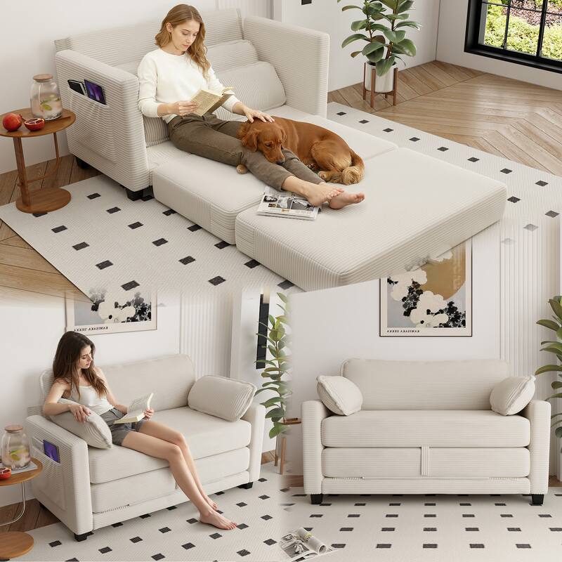 2-in-1 Convertible Corduroy Sofa Bed with Storage, High-Rebound Sponge & Solid Wood Frame - Beige