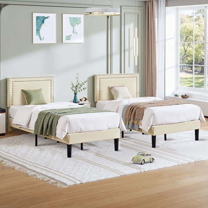 VECELO Twin Size Kids Beds Set of 2 Adjustable Headboard Soft Upholstered Headboard with Rivet Detail 8" Underbed Storage - Beige