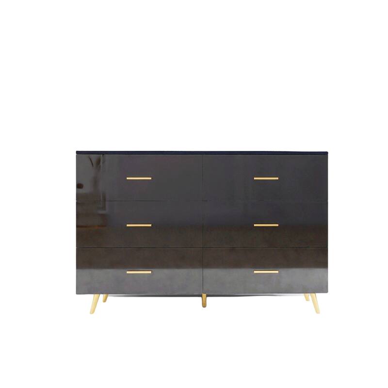 6 Drawers Chest of Drawer with Golden Handle and Golden Steel Legs - Black