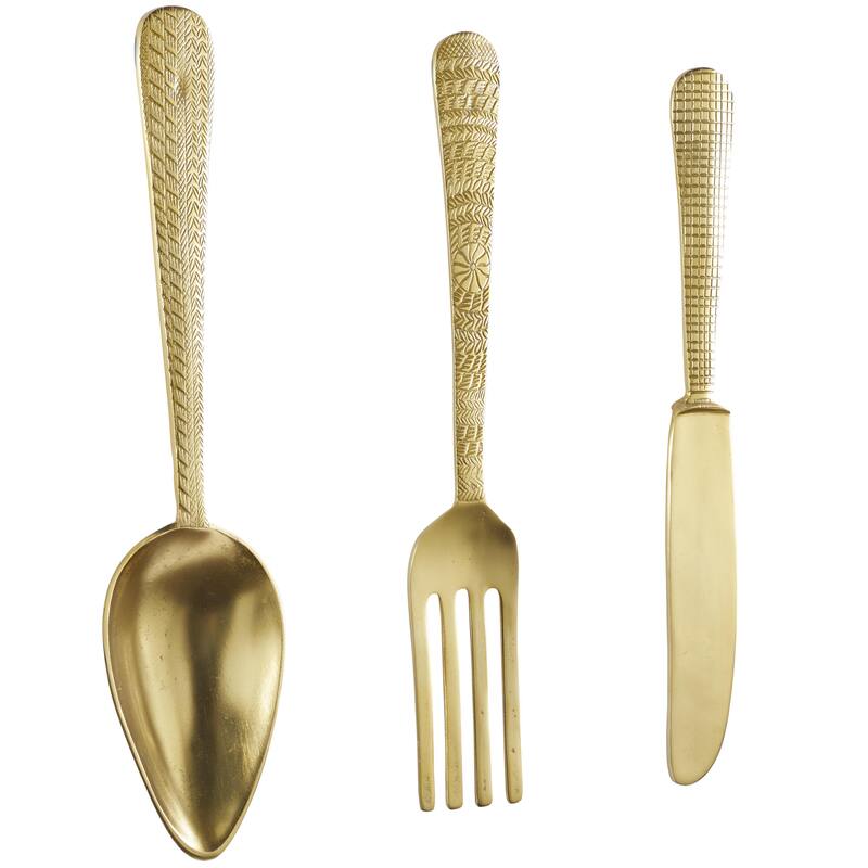 Aluminum Metal Utensils Knife, Spoon and Fork Home Wall Decor - Set of 3 Silver or Gold - Roche River Decor