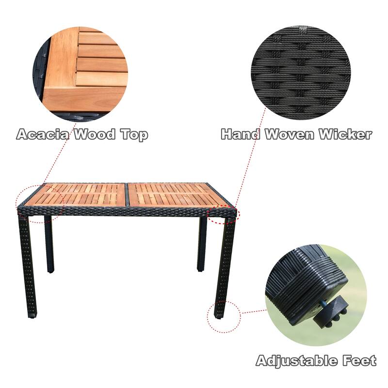 7 Piece All Weather Rattan Patio Dining Set with Acacia Wood Tabletop and Removable Cushions