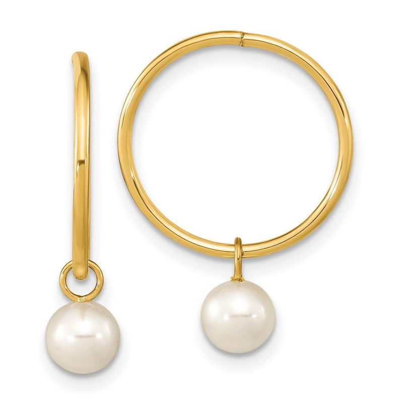 Curata 14k Yellow Gold 5-6mm Round White Freshwater Cultured Pearl Hoop Earrings (22.5x16.5mm)