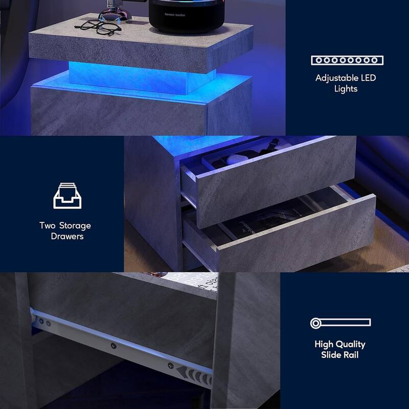 Nightstand LED Bedside Table Cabinet Lights Modern End Side with 2 Drawers for Bedroom