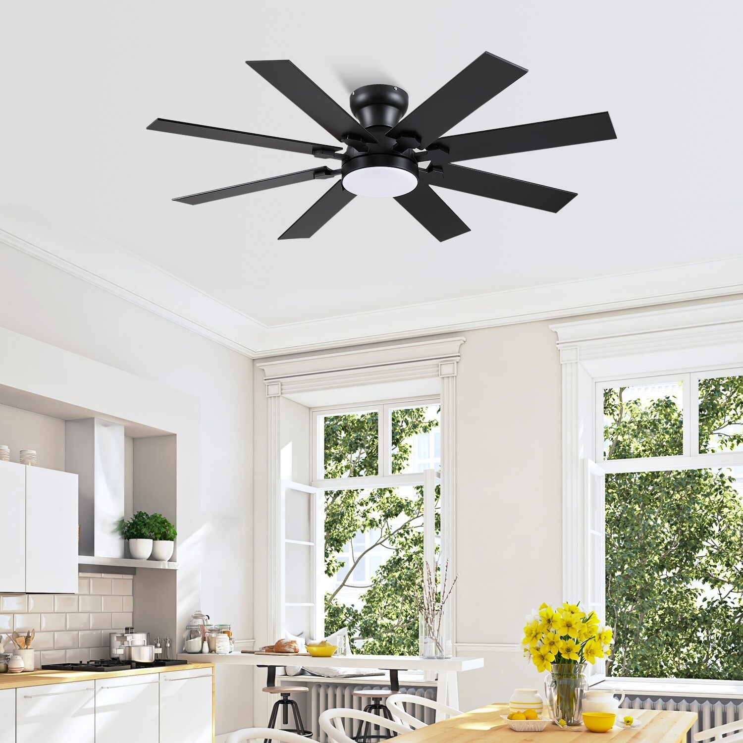52 Inch Flush Mount Ceiling Fan with Light,8 Blades,Reversible